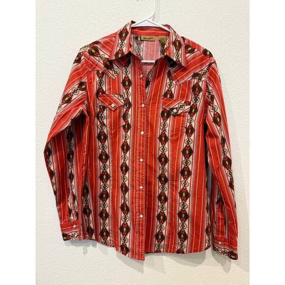 Wrangler‎ Retro Western Red Southwestern Aztec Snap Shirt Women's Medium - Picture 1 of 11